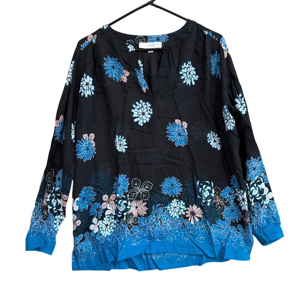 Ann Taylor LOFT Womens Shirt Black Floral Sheer V Neck Long Sleeve Small